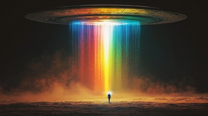 Mysterious UFO Emitting Colorful Light in an Enigmatic Landscape