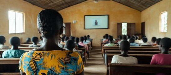 Woman watching video presentation in rural African church