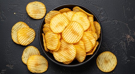 A black bowl filled with crispy, golden, ridged potato chips on a dark textured surface, with some chips scattered around, creating a delicious and crunchy visual appeal.