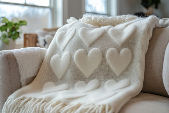 A soft white blanket with heart patterns and fringes draped over a chair near a bright window.