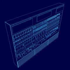 A blue drawing of a grocery store with a blue background. The store is filled with a variety of items, including food and household goods