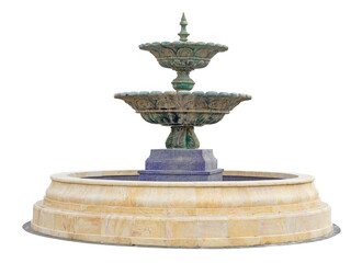Three tier outdoor water fountain isolated. Large round outdoors water fountain.