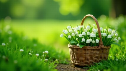 Сlose-up of a straw basket full of lily of the valley flowers stands on a green spring clearing in the forest, blurred background