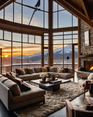 Fototapeta premium Elegant living room with beige sofa fur carpet stone wall fireplace and panoramic views of snow capped mountains illuminated by golden hour light Interior Design Inspiration
