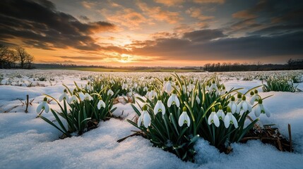 Snowdrops Field at Sunset: A Winter Wonderland