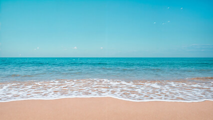 The image showcases serene beach scenes with golden sand, clear turquoise ocean waves, and a bright blue sky. Some images feature a straw hat on the sand, enhancing the relaxing summer atmosphere.
