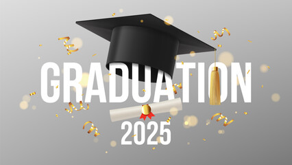 Modern banner for graduation 2025. Vector illustration with graduation cap and scroll, confetti, serpentine. Graduation card for decoration social media, poster, degree ceremony, party.