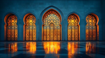 a stunning architectural shot of a mosque’s arched windows, which feature intricate, geometric patterns. mosque’s arched windows with intricate patterns, islamic architecture