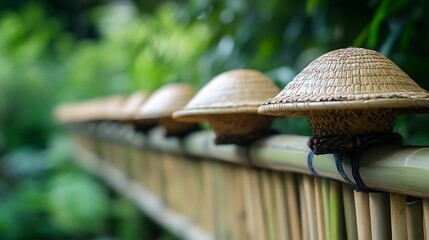 Caps sitting within a line atop the bamboo trellis