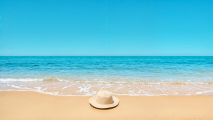 Obraz premium The image showcases serene beach scenes with golden sand, clear turquoise ocean waves, and a bright blue sky. Some images feature a straw hat on the sand, enhancing the relaxing summer atmosphere.
