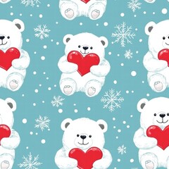 Fototapeta premium Cute polar bears holding hearts on a blue winter background with snowflakes and a festive atmosphere. Generative AI