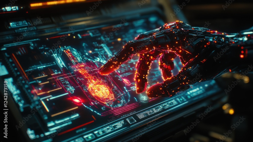 Poster Robotic Hand Interacting With Futuristic Interface Display