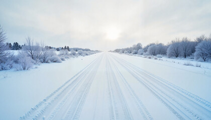 Obraz premium Serene winter landscape with snowy road under cloudy sky, tranquility