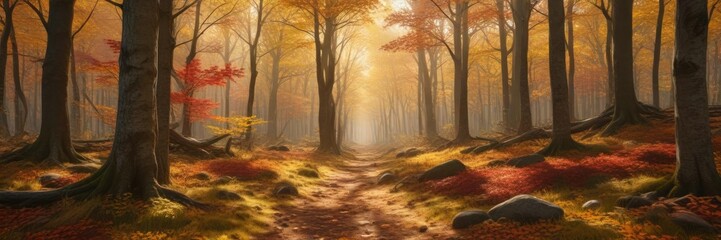 Warm sunlight filters through dense autumn forest foliage, creating a dappled carpet of gold and crimson hues on the forest floor, warm light, nature landscape, forest scenery