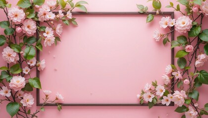 Obraz premium A pink frame on pink background showcasing a spring bloom, cherry blossoms, and a delicate petals and branches in a garden setting