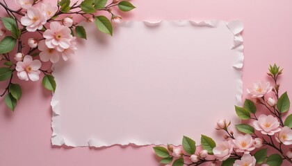 Obraz premium A pink spring flower frame with light paper on pink background showcasing a spring bloom, cherry blossoms, and a delicate petals and branches in a garden setting