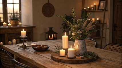 Warmly lit table with candles and a centerpiece, comforting ambiance, autumnal colors, warm lighting
