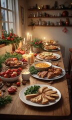 Naklejka premium Warmly lit kitchen table with festive decorations and a delicious spread of food , wooden tablecloth, pumpkin centerpiece, home cooking
