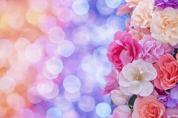 Obraz premium Fresh romantic roses in vibrant colors with dreamy bokeh background
