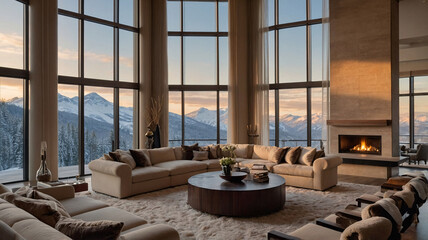 Beautiful rustic living room design featuring beige sofa stone wall glowing fireplace and expansive snowy mountain views during golden hour  Interior Design Inspiration