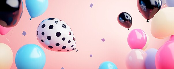 Colorful balloons floating on a pink background for birthday party celebration