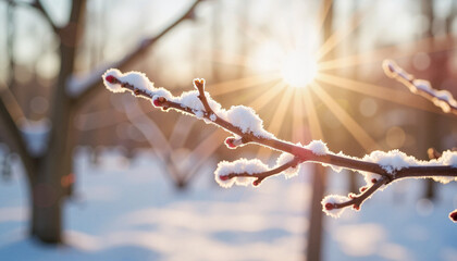 Sunlit snowy branch in winter forest, beauty of nature