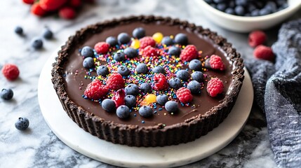 A whimsical gluten-free chocolate tart with colorful chocolate sprinkles and a surprise fruit filling