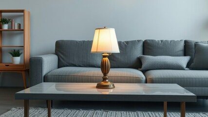 Vintage wooden table lamp with a white shade sits on a modern coffee table, mid century modern, white shade