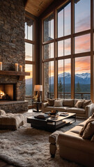 Beautiful rustic living room with beige sofa stone accents glowing fireplace and large windows framing scenic snowy mountains at golden hour  Interior Design Inspiration