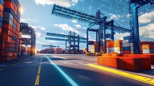 A futuristic cargo port where containers are monitored via holographic data streams connecting to a global logistics network.