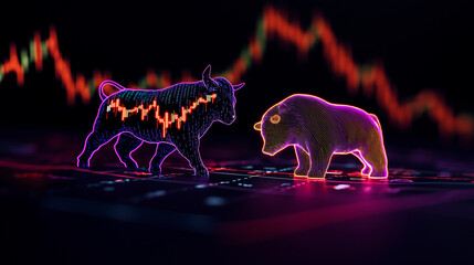 A futuristic digital bull and bear composed of neon light lines and stock market data face off against a background of fluctuating financial charts, symbolizing market trends.