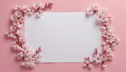 Obraz premium A pink flower frame with white paper on pink background showcasing a spring bloom, cherry blossoms, and a delicate petals and branches in a garden setting