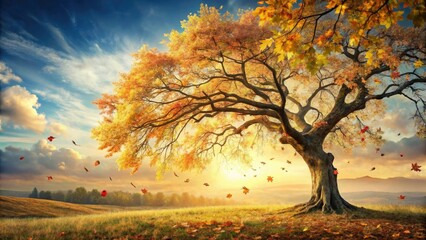 Fototapeta premium Vines and branches swaying on an old tree in the autumn breeze, autumn, fall foliage, leafy greens, nature