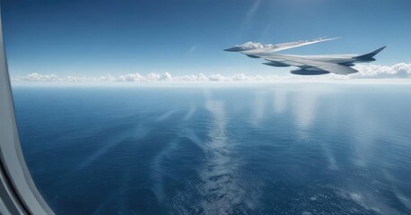 View of a vast blue ocean from an airplane window , vast ocean, calm seas, plane view, blue sky