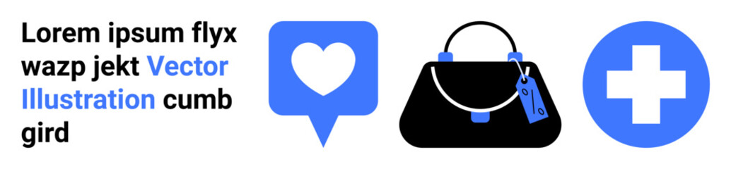 Heart icon in speech bubble, a handbag with a tag, and a medical cross. Ideal for healthcare, fashion, shopping, e-commerce, love, retail medicine flat landing page banner