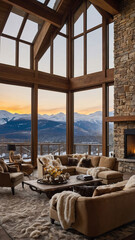 Obraz premium Charming rustic living room featuring a beige sofa fur carpet stone accents fireplace and expansive snowy mountain views in golden hour light Interior Design Inspiration