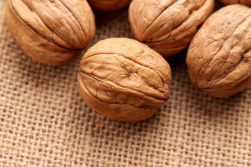 Organic walnuts on rough rustic sackcloth. Unshelled nuts with nutshell on burlap. Top view. 