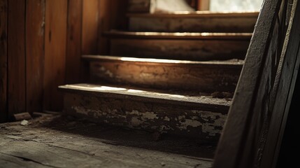 Sunlit Worn Wooden Staircase in Abandoned House