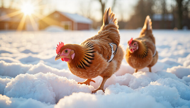 Chickens exploring snowy field at sunrise, winter nature