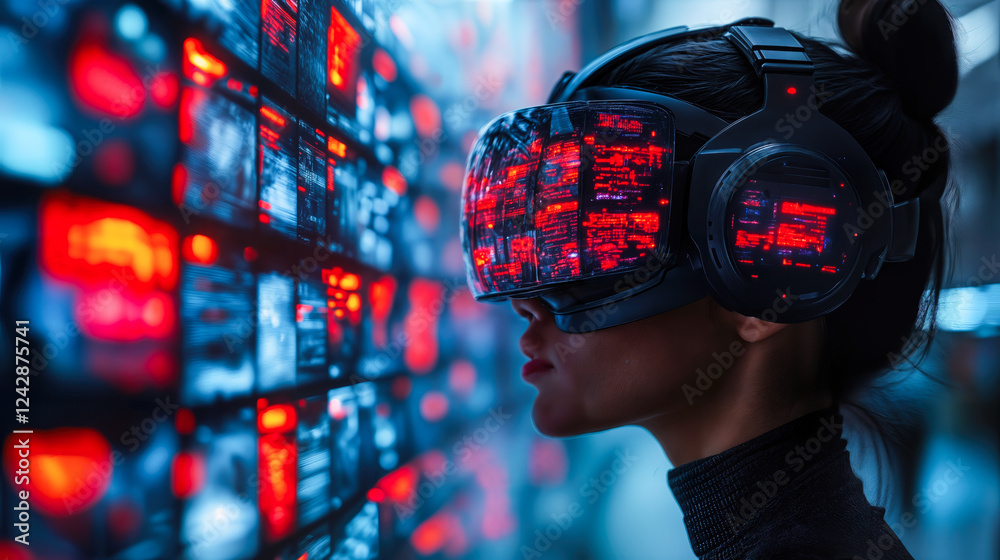 Poster augmented reality user analyzing digital data with virtual reality headset in futuristic environment