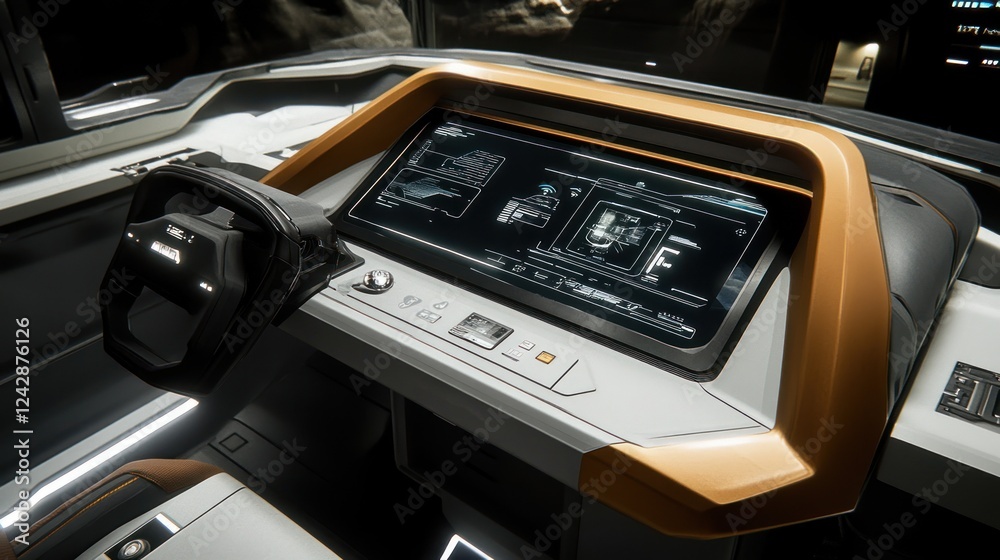 Poster futuristic vehicle interior dashboard design with advanced display