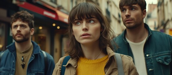 Naklejka premium Parisian street, three young adults walk, cautious expressions, blurred background