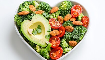 Beautiful heart-shaped dish containing broccoli, avocado, tomatoes, and almonds, promoting balanced nutrition and heart health