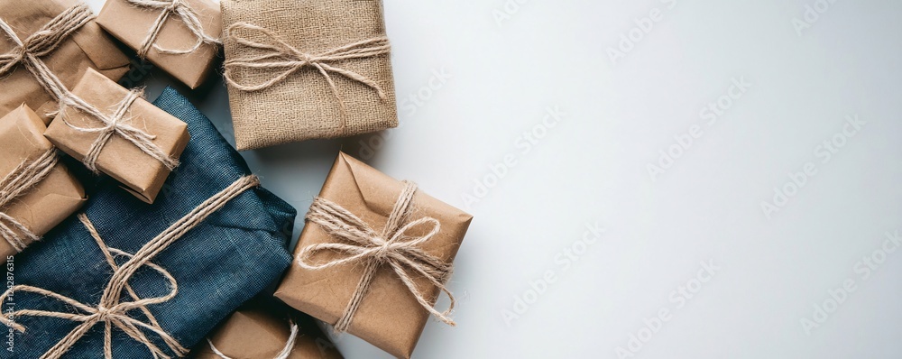 Poster Many eco friendly presents lying on white table creating copy space