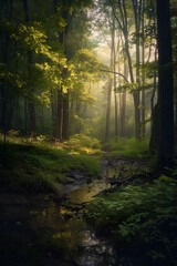 Obraz premium Peaceful Dawn in a Serene Forest: Light and Shadow Dance Among Trees, Creating a Tranquil Escape