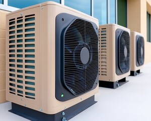 Fototapeta premium Air compressor installed outside the building Air Compressor Units Installed Outside a Building