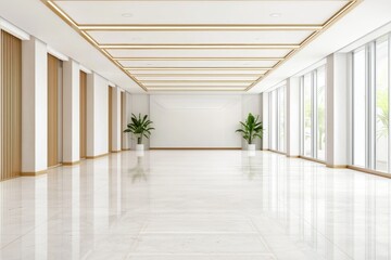 Fototapeta premium Clean and organized office interior featuring minimalist furniture, polished concrete flooring, and natural green plant decor for a fresh atmosphere