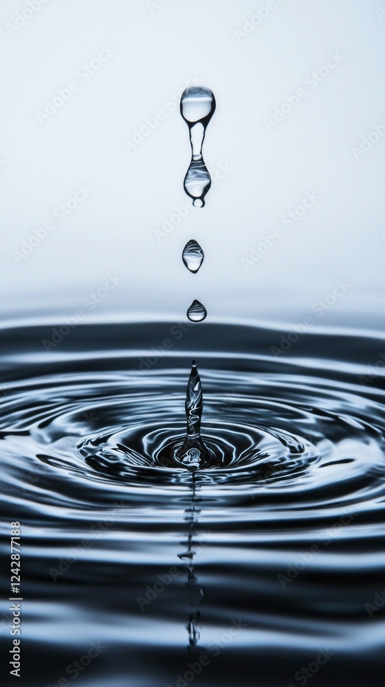 Poster water droplets fall gracefully, creating concentric circles in a tranquil pool. the calming blue hue