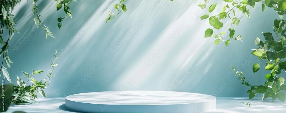 Aufkleber empty podium displaying on blue background with plants and sunlight