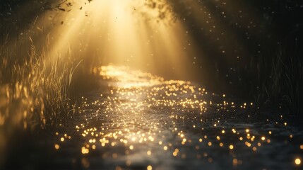 Golden sunlight path, forest, magical dust, fantasy background, game design
